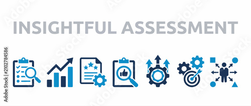 Insightful assessment icons set. Business performance analysis and strategic planning symbols.
