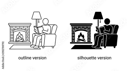 Fotografi Cozy Evening Reading: A person relaxes in an armchair by a warm fireplace, engrossed in a book, with a lamp casting a soft glow