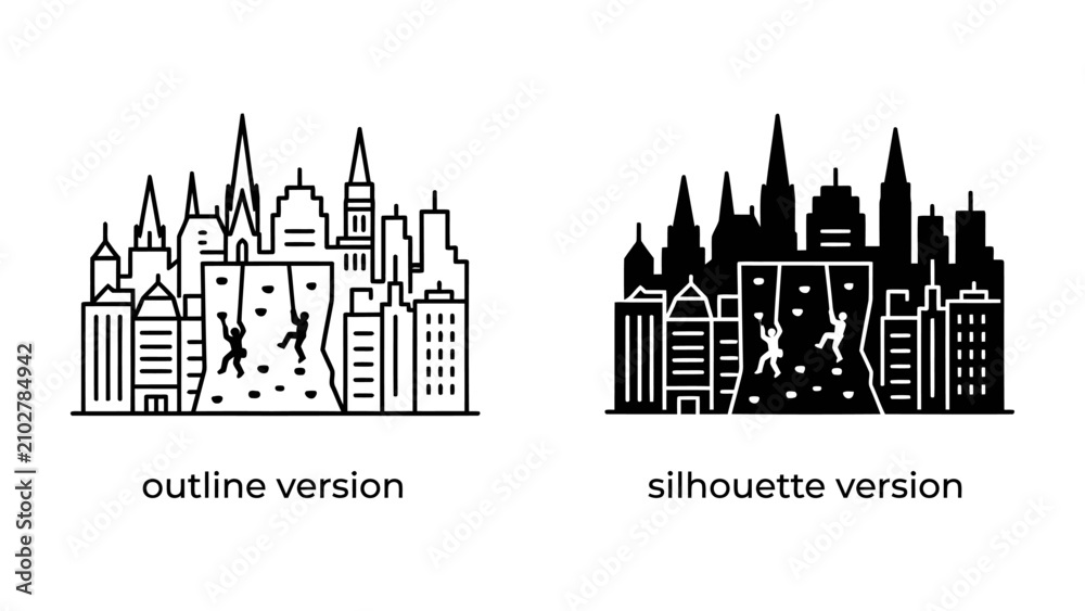 Fototapeta premium Urban Ascent: Two distinct depictions of a bustling city skyline, featuring adventurous individuals scaling the sides of skyscrapers, showcasing both a line-art and a silhouette style for versatility.