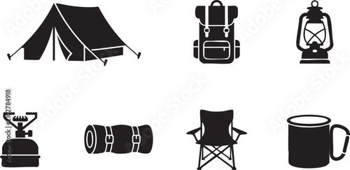 Camping gear and outdoor equipment vector icon set featuring tent, backpack, lantern, portable stove, sleeping mat, folding chair, and mug.
