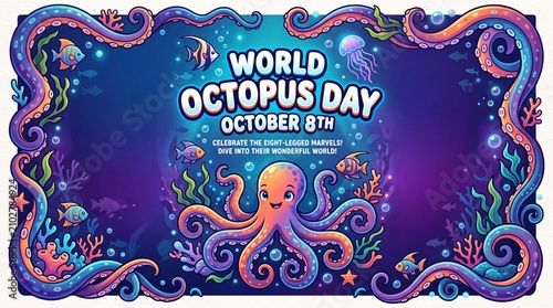 Vibrant underwater cartoon illustration celebrating world octopus day with colorful marine life with stylized underwater scene with friendly octopus surrounded, displays bright stylized