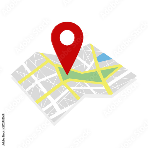 An open paper road map with a semicircular location marker hovering above the surface for travel planning and route finding.