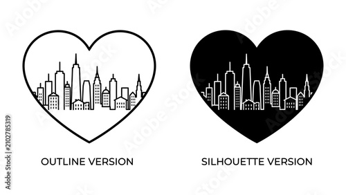 Tableau sur toile Heart Cityscape Love: A graphic design featuring two stylized hearts, one with a white outline containing a city skyline and the other a black silhouette filled with a city skyline