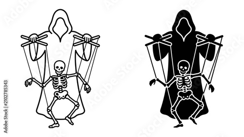 Obraz na płótnie Grim Reaper Puppet Master: The Grim Reaper silhouette manipulates a skeleton puppet, symbolizing control and fate
