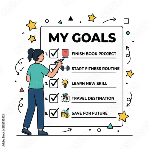 A minimalist flat vector illustration of a person writing goals on a giant checklist