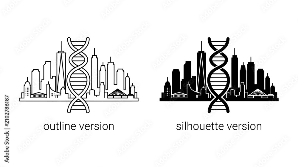 Obraz premium DNA Helix Skyline: A symbolic representation merging the iconic DNA double helix structure with a city skyline.