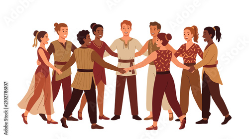 Diverse group of people in traditional clothing holding hands in a circle, celebrating unity and community