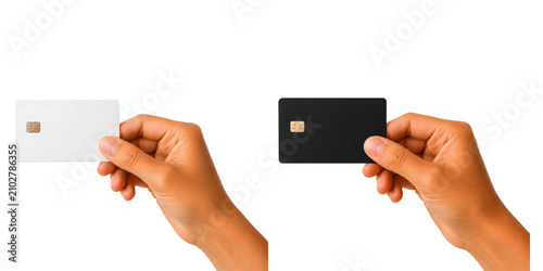Hand Holding Blank White and Black Credit Cards with Chip Mockup Isolated on transparent Background
