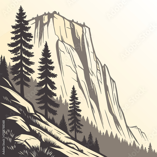 Canvastavla A of the el capitan granite monolith rising behind a cluster of tall pine trees