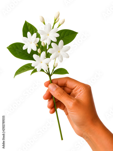 Hand Holding White Jasmine Flower Branch Isolated on transparent Background, Fresh Blooming Floral Stem with Green Leaves