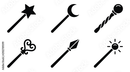 Canvastavla Magic wand icon set showing star, moon, heart, and gem shapes for fantasy and wi