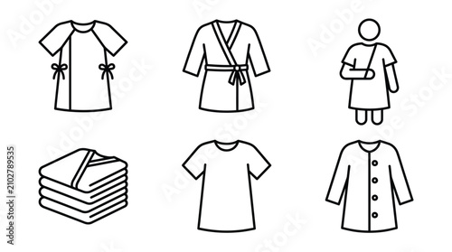 Foto Hospital gown and clothing icon set showing medical attire and patient wear for
