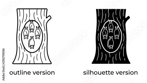 Bild auf Leinwand Bats in a Tree Cavity: Two stylistic representations, an outline and a silhouette, show a group of bats roosting inside a tree cavity, symbolizing nature and wildlife