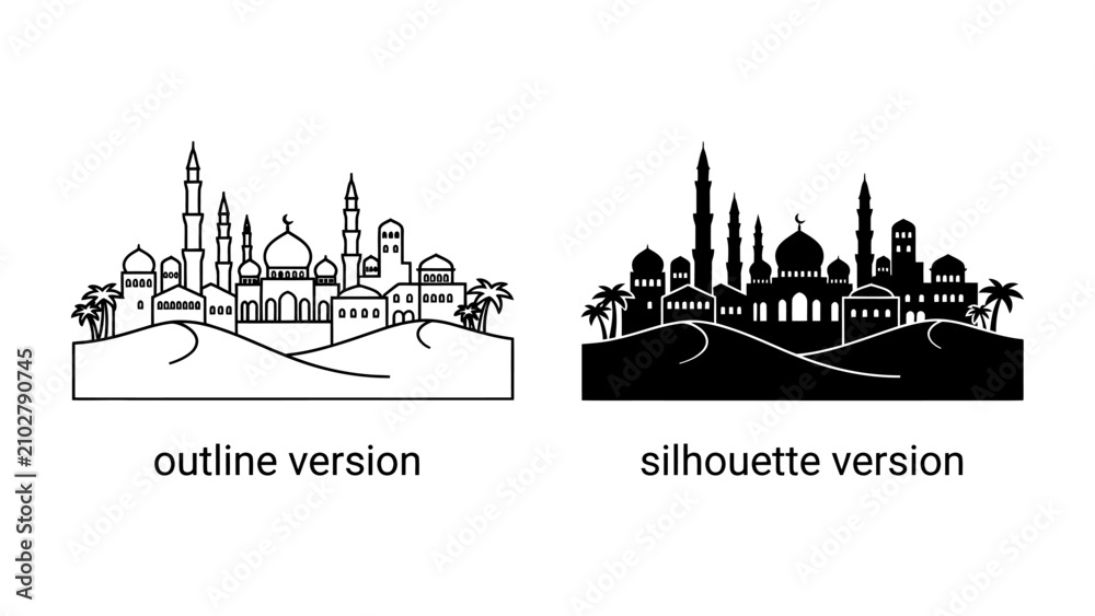 Naklejka premium Islamic City Skyline: An artistic representation of a bustling Islamic city, featuring intricate minarets, domes, and Arabic architecture, set against a backdrop of desert dunes and palm trees.