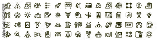 Management icons depict a strategic collection of black outline symbols for corporate operations.