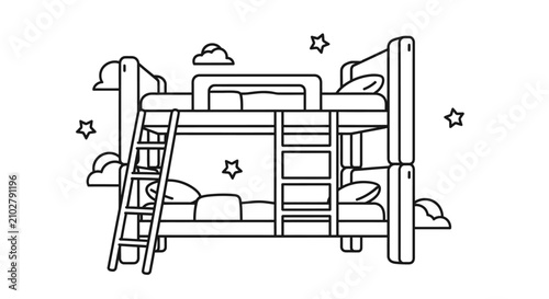 Bunk beds with ladder with line drawing bunk ladder clouds black white illustration furniture children interior bedroom sleep night with dream