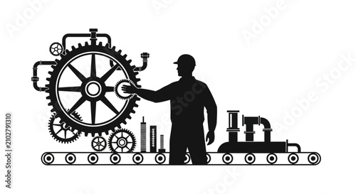 Industrial worker with gears with silhouette worker hard hat interacting large gears machinery conveyor belt skilled labor black white manufacturing