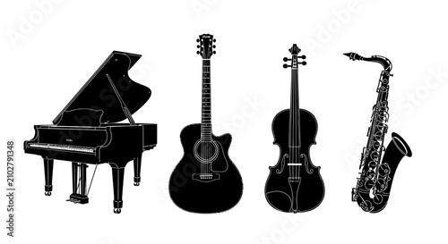 Tableau sur toile Musical instruments piano guitar violin saxophone with set four musical performa
