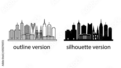 Fotografía Cityscape Outline and Silhouette: Two distinct renderings of a city skyline, one in outline form and the other as a solid silhouette, showcasing architectural diversity and urban landscapes