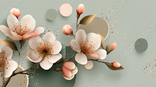 elegant pink magnolia flowers botanical illustration with leaves on teal background design