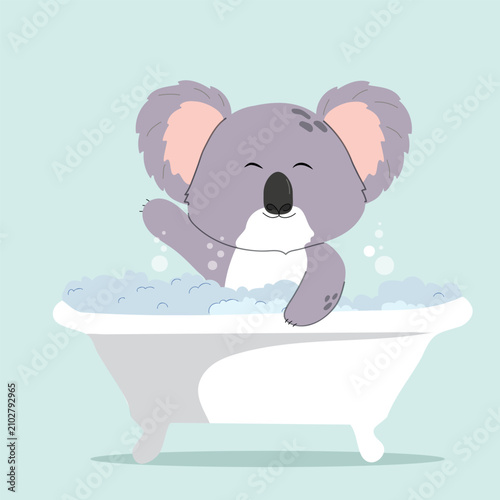 Sticker Cute koala takes a bath. Baby animal cartoon vector illustration