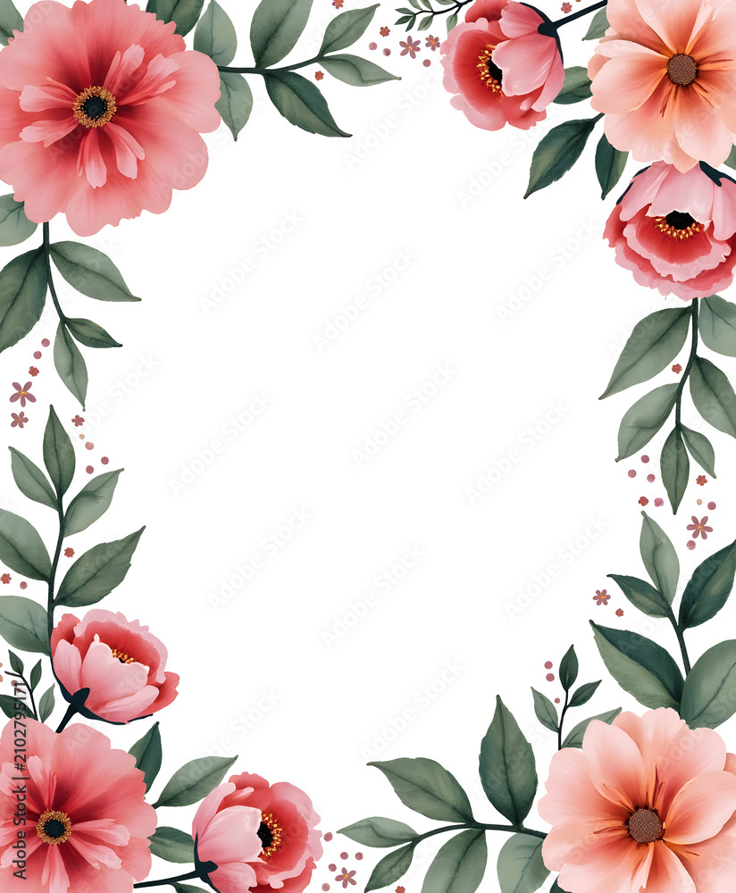 Obraz premium Elegant floral border design with soft pink and coral blossoms and green leaves