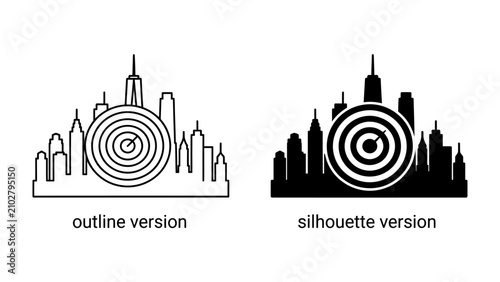 Urban Targets: A stylized city skyline, presented in both outline and silhouette versions, integrates a circular target graphic, symbolizing urban goals and strategic focus.
