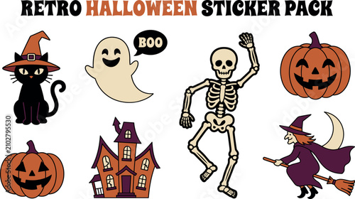 Slika na platnu : Vintage Halloween sticker set with haunted house, witch flying, and jack-o-lan