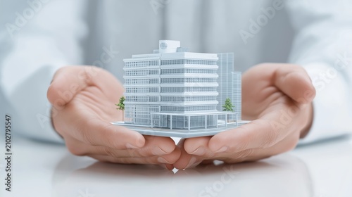 Hospital building miniature on glass table, two hands protecting it, healthcare business concept