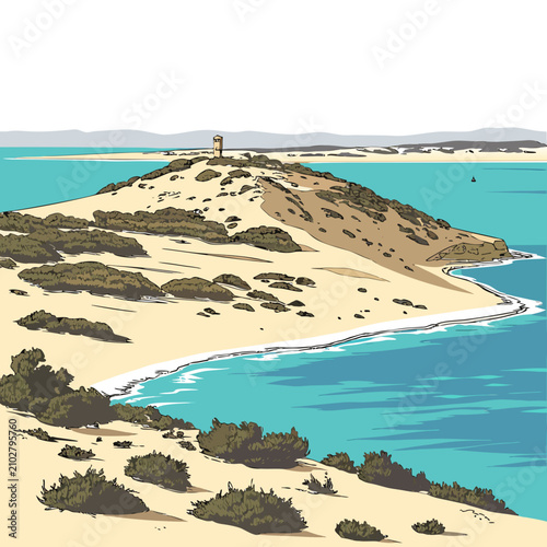 Bild auf Leinwand Of a sandy island landscape with a small lighthouse, sparse vegetation, and turq