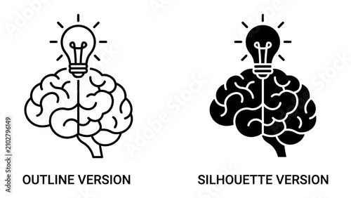 Cuadro en lienzo Brain and Lightbulb Icon Set: Two graphic representations of a human brain, one in outline and one in silhouette, both topped with a glowing lightbulb, symbolizing ideas, innovation, and intelligence