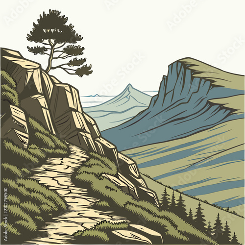 Foto Hand drawn of a rocky mountain trail winding through green hills with a lone pin