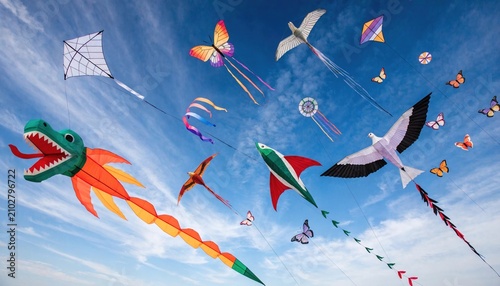 Many colorful kites flying high in the bright blue sky