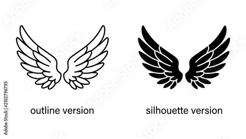 Foto Angel Wings Duo: A graphic representation showcasing both the outline and silhouette of elegant angel wings, symbolizing freedom, spirituality, and aspiration