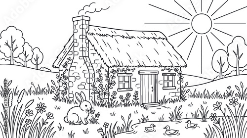 Obraz na plátne Country cottage landscape coloring page illustration.
