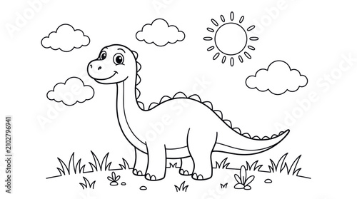 Canvastavla Cute brontosaurus dinosaur coloring page with sun and clouds.