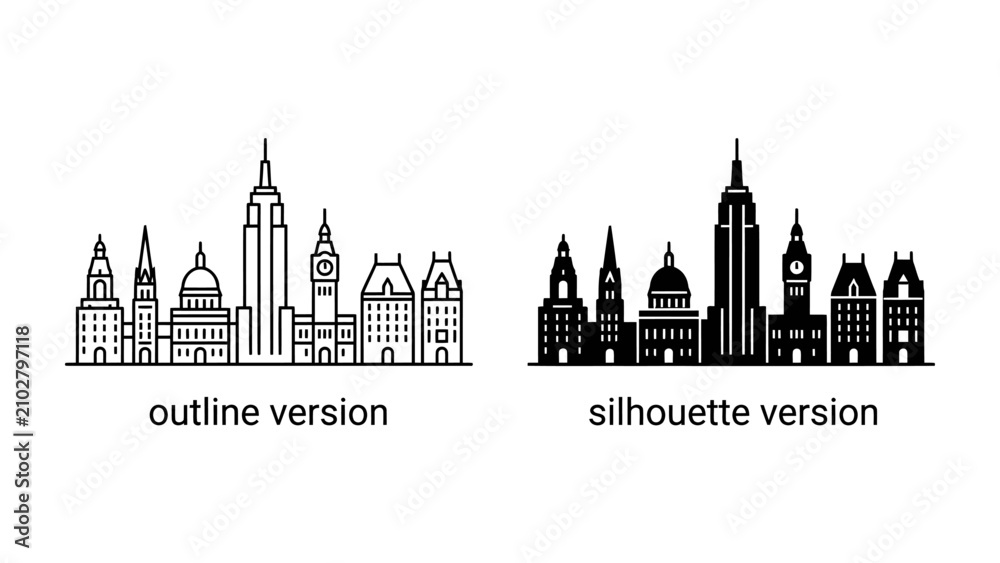 Fototapeta premium Cityscape Design Options: A comparison of two graphic representations of a city skyline, one in an outline version and the other in a silhouette version.