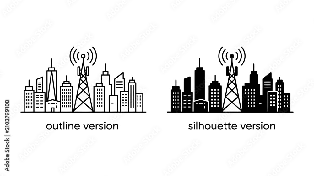Fototapeta premium Cityscape Connectivity: Two distinct depictions of a modern city skyline, one in outline and the other in silhouette, showcase the presence of communication towers.