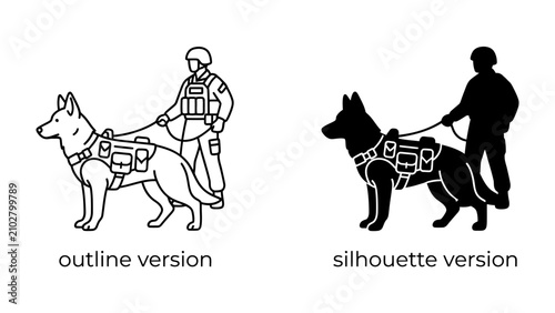 Canvastavla Military Working Dog and Handler: Two stylized depictions, an outline and a silhouette, showcase a military working dog in a tactical harness beside its uniformed handler