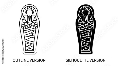 Foto Mummy Sarcophagus Icon: Two stylized representations of an ancient Egyptian mummy encased in a sarcophagus, presented in both outline and silhouette forms, symbolizing history and mystery
