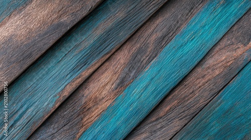 Textured wooden planks with a mix of teal and brown hues create a stylish background ideal for presentations, podium displays, or product showcases on pedestals