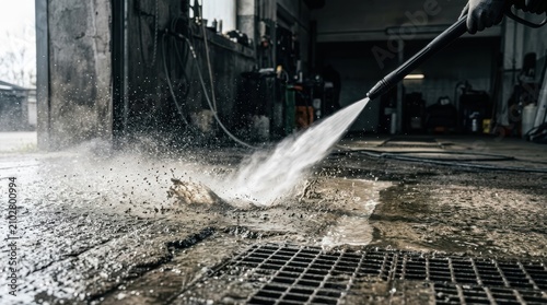 Highpressure water jet cleaning a dirty concrete floor in a garage