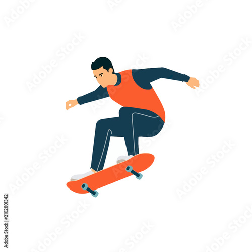 Young man performing a skateboarding trick mid-air with a vibrant orange skateboard.