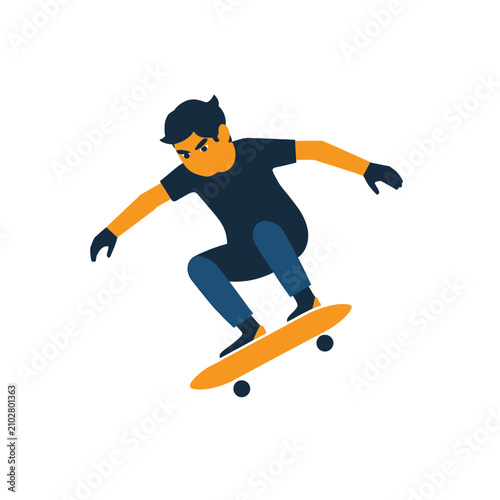 Young man performing a trick on a skateboard in mid-air.