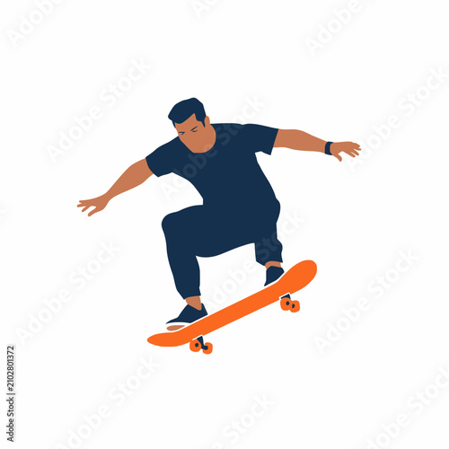 Young man performing a trick on a skateboard in mid-air.