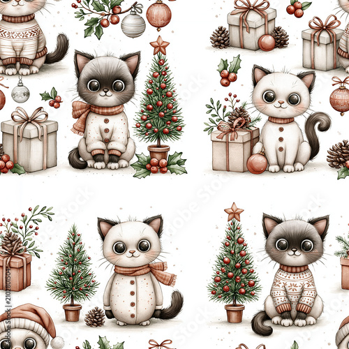 Hand-painted seamless watercolor Christmas pattern featuring adorable holiday cats, cozy winter decorations, festive botanicals, and Scandinavian-inspired seasonal elements in a soft neutral color pal
