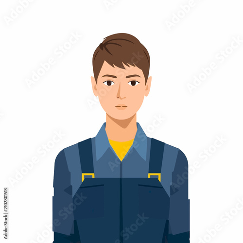 Young man wearing blue overalls and yellow shirt illustration.