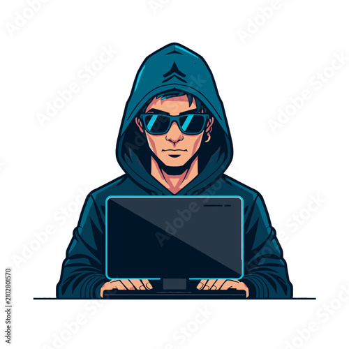 Young Hacker Wearing Sunglasses and Hoodie Working on Laptop Computer.
