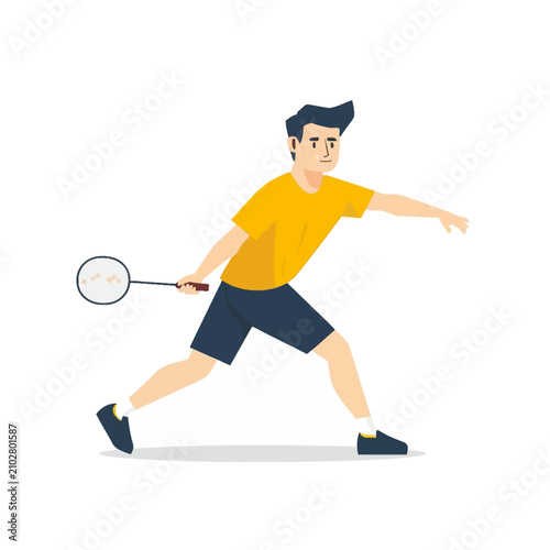 Young Man Playing Badminton Sport Activity Illustration.