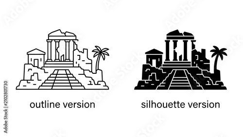 Foto Ancient Ruins and Palm Tree Icon: A stylized illustration of ancient ruins, featuring classical columns and a step pyramid, set against a backdrop with a palm tree